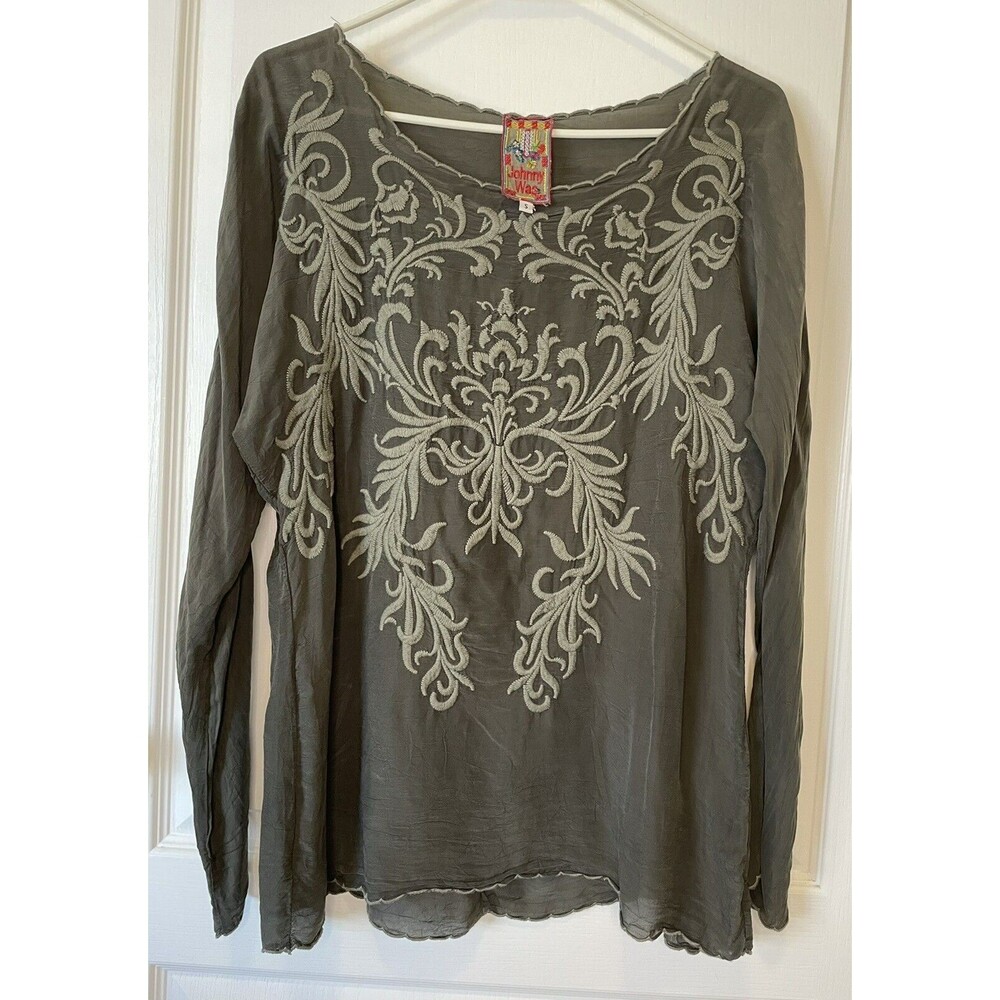 Johnny Was Olive Green Embroidered Blouse